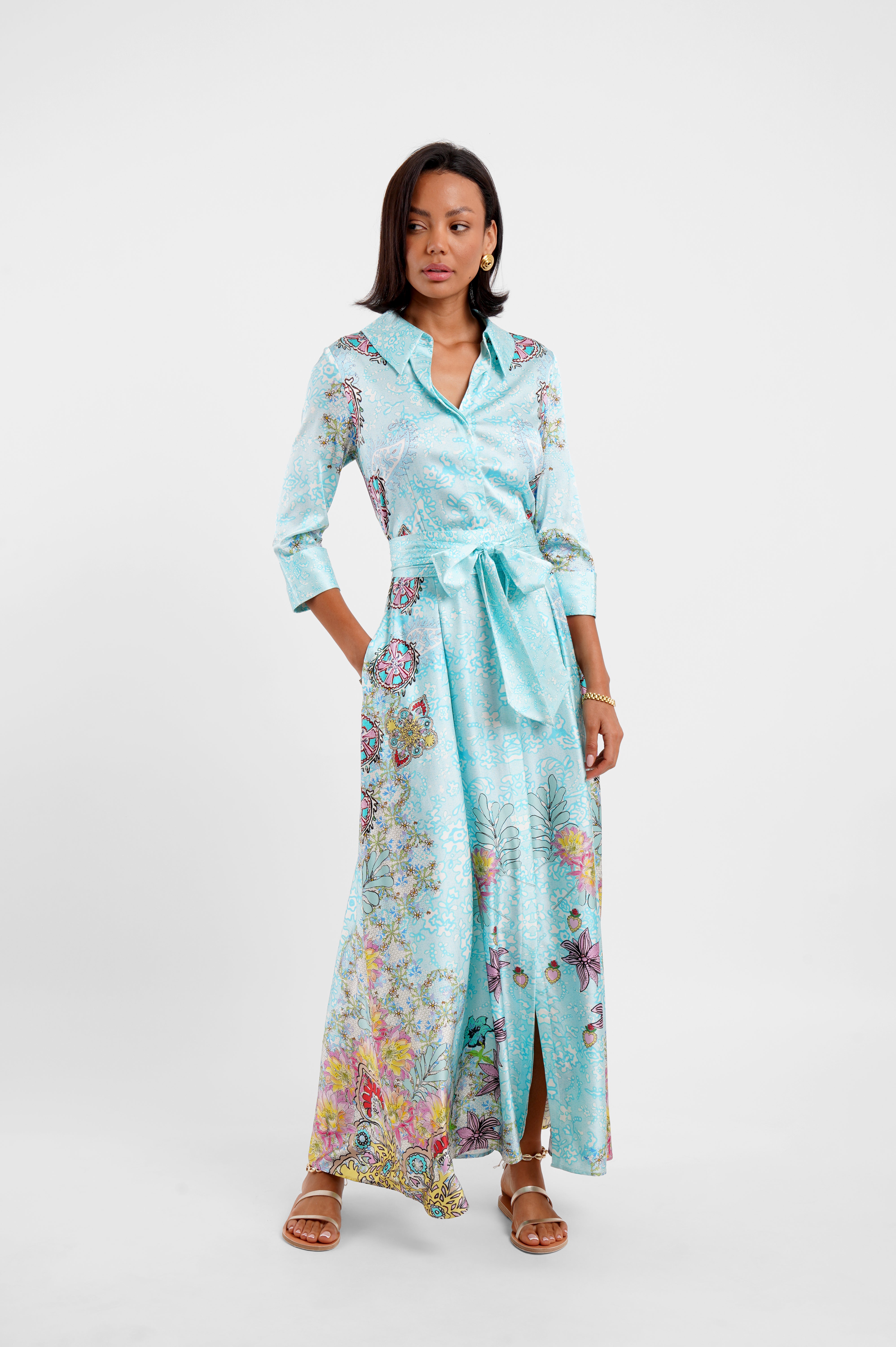 Belted Maxi Shirt Dress "Floral Medley"