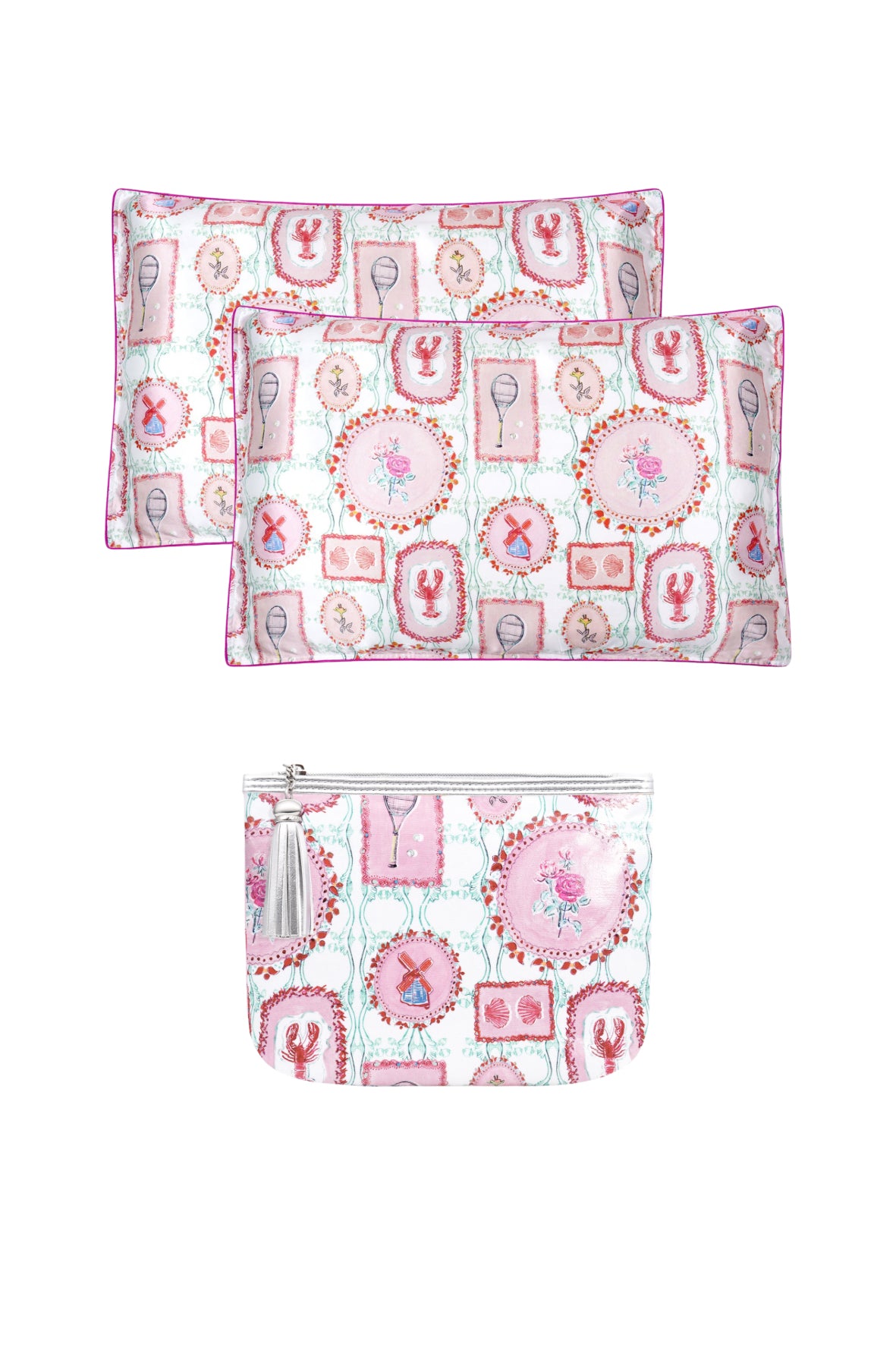 Silk Pillowcase Make up Bag Set "The Hamptons"