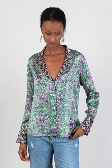 lingo green blazer shirt with hand painted Persian inspired “Gisela” tile print with painted cuffs & placket print detail
