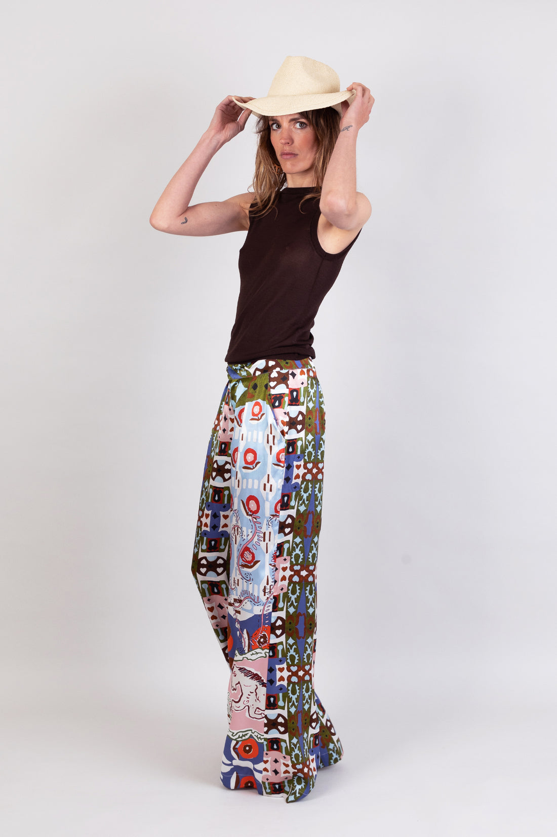 hand painted cowgirl inspired pink horse silk wide leg trousers
