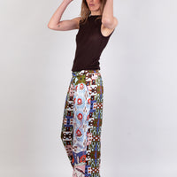 hand painted cowgirl inspired pink horse silk wide leg trousers
