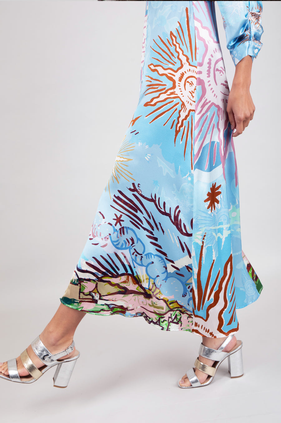 Printed Blue silk dress with a celestial design suitable as a wedding guest dress or party dress
