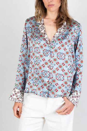 hand painted ice-blue tile print blazer-style silk shirt with a lapel and a doubled up slit cuff