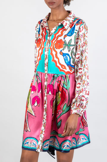 long multicoloured pink short shirt dress with hand-painted design in soul birds