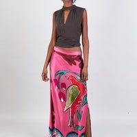 long multicoloured pink long skirt with hand-painted design in soul birds