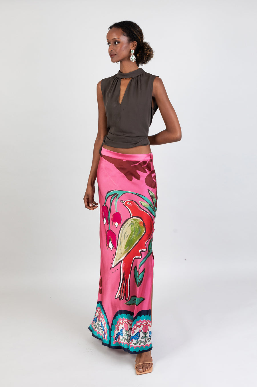 long multicoloured pink long skirt with hand-painted design in soul birds