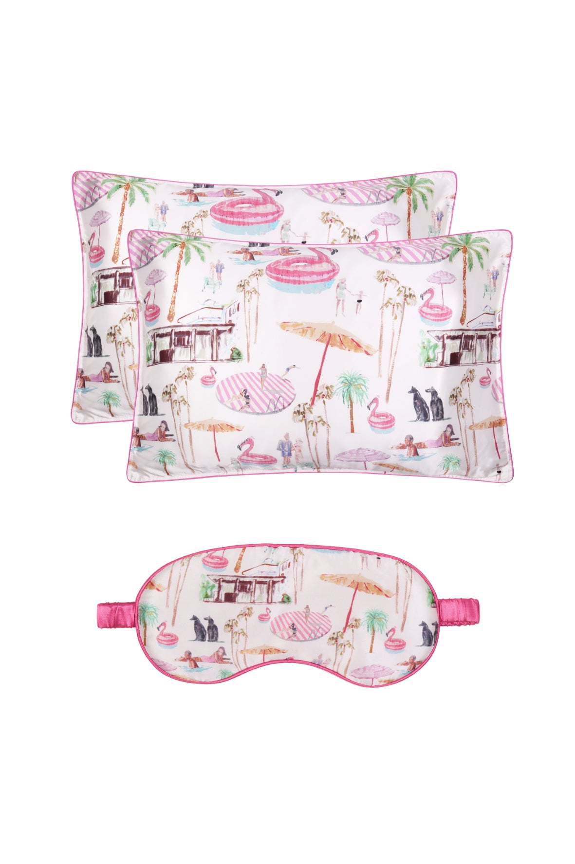Silk Sleep Set - Double / "Pink Flamingo Club"