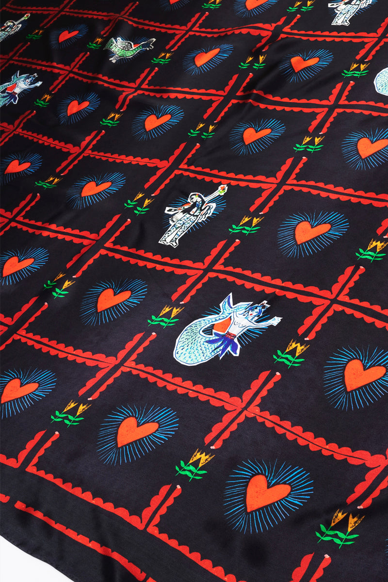 hand painted hearts and creatures print silk pareo scarf