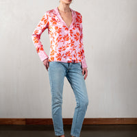 Jessica Russell Flint printed silk pink blazer shirt with red botanicals