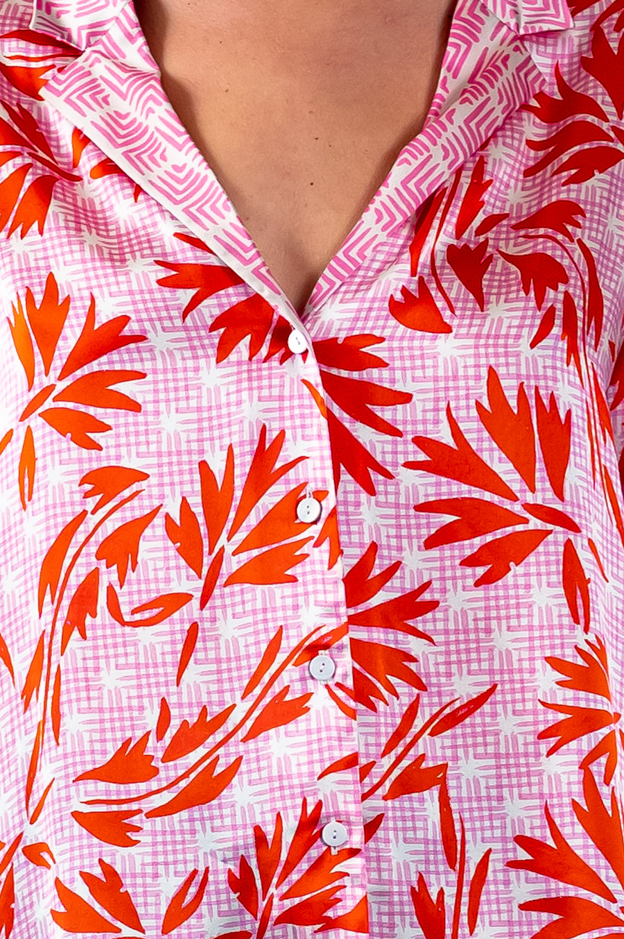 Jessica Russell Flint printed silk pink blazer shirt with red botanicals