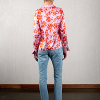 Jessica Russell Flint printed silk pink blazer shirt with red botanicals