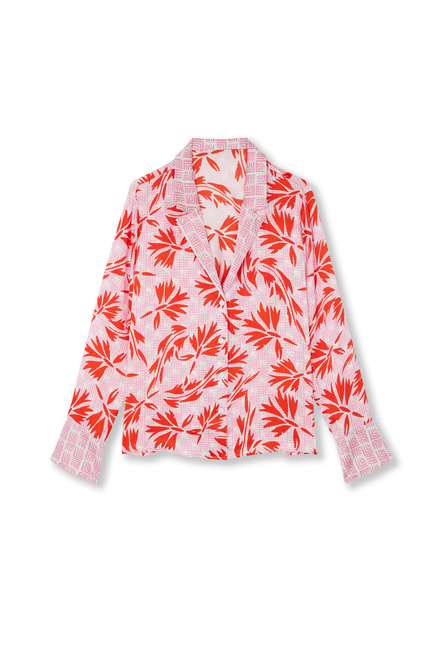 Jessica Russell Flint printed silk pink blazer shirt with red botanicals