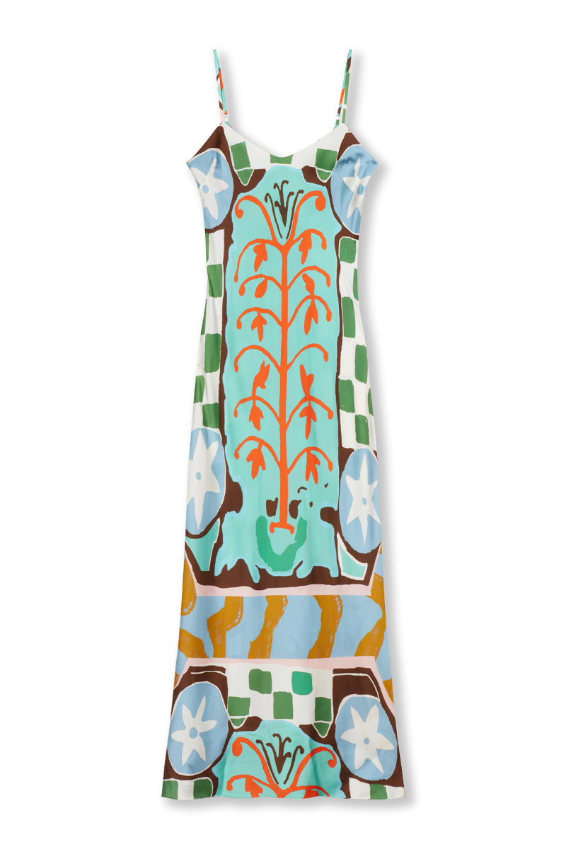 hand painted kantha sunrise placement print silk maxi slip dress