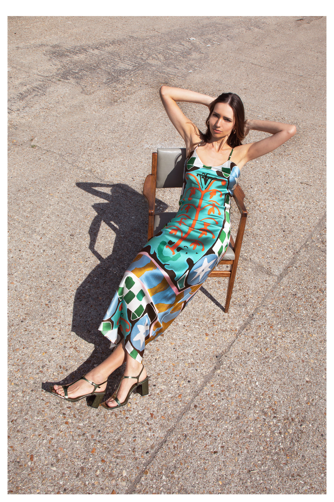 hand painted kantha sunrise placement print silk maxi slip dress