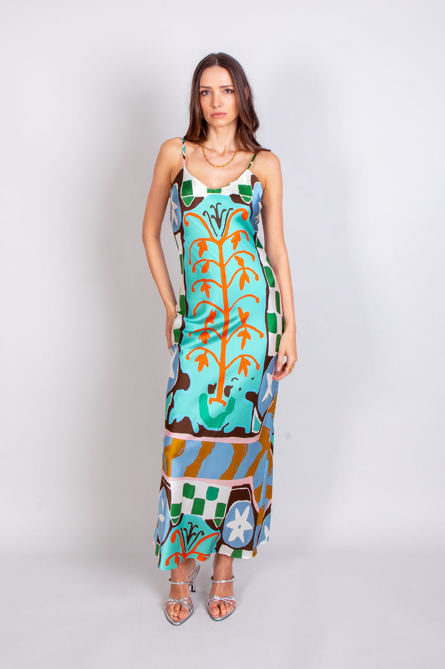 hand painted kantha sunrise placement print silk maxi slip dress