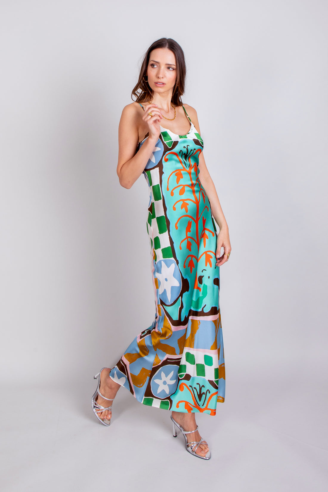 hand painted kantha sunrise placement print silk maxi slip dress