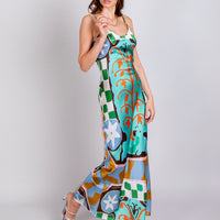 hand painted kantha sunrise placement print silk maxi slip dress