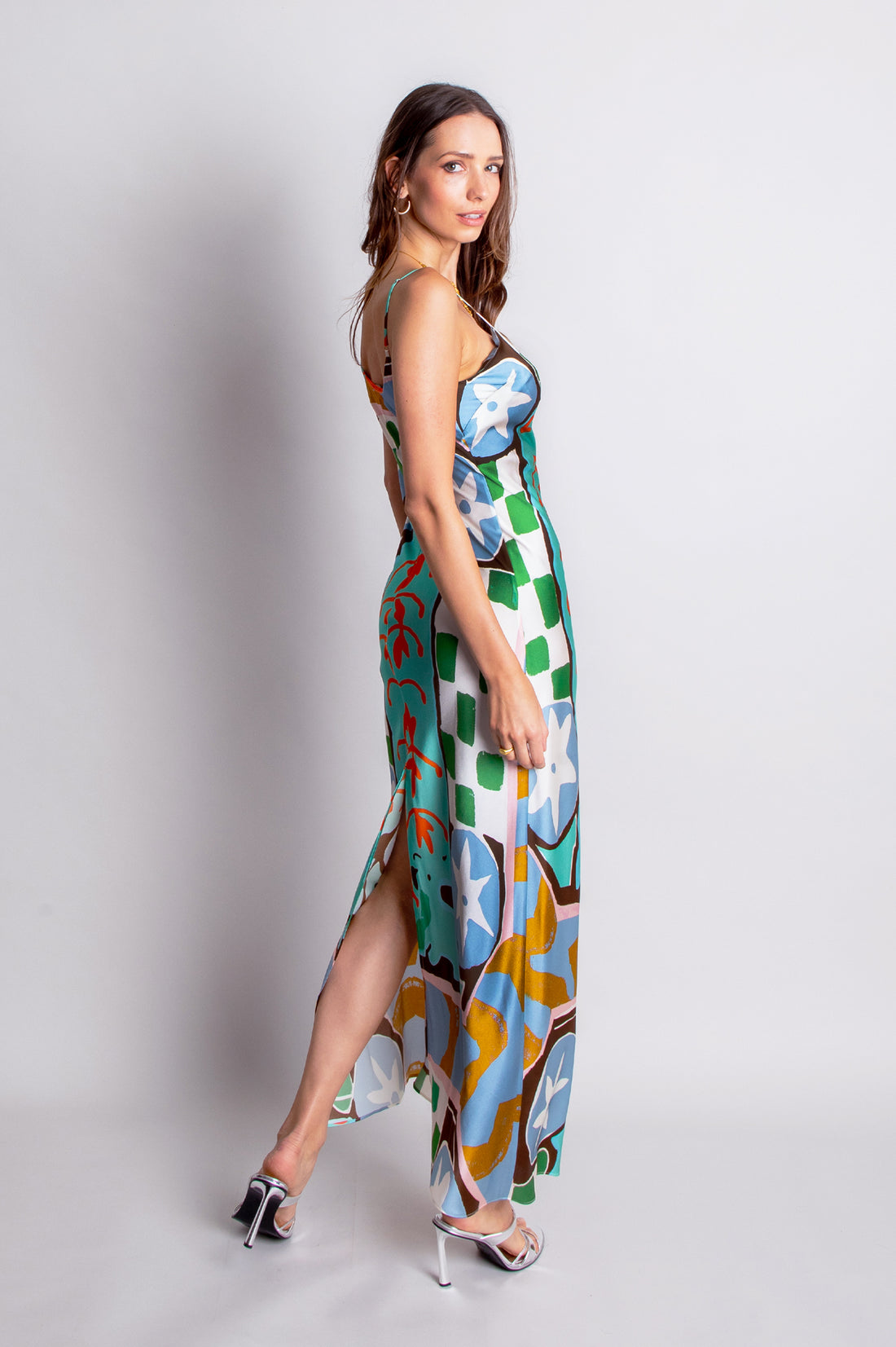 hand painted kantha sunrise placement print silk maxi slip dress
