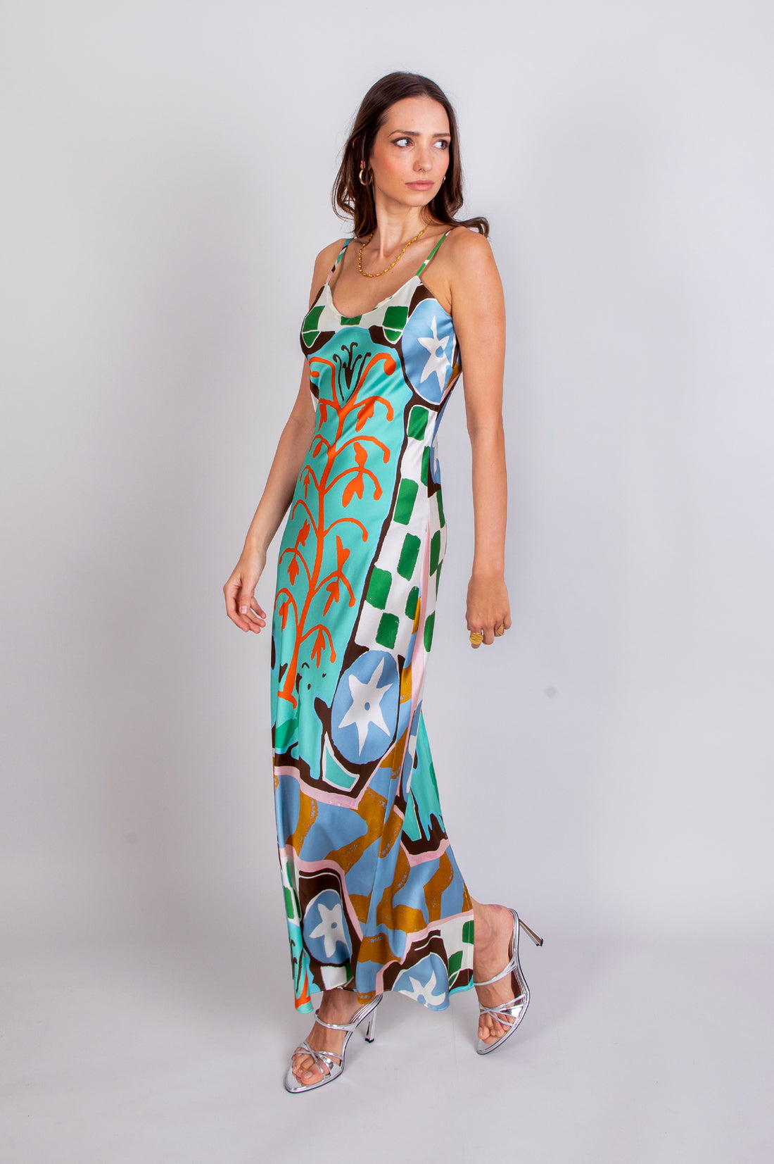 hand painted kantha sunrise placement print silk maxi slip dress