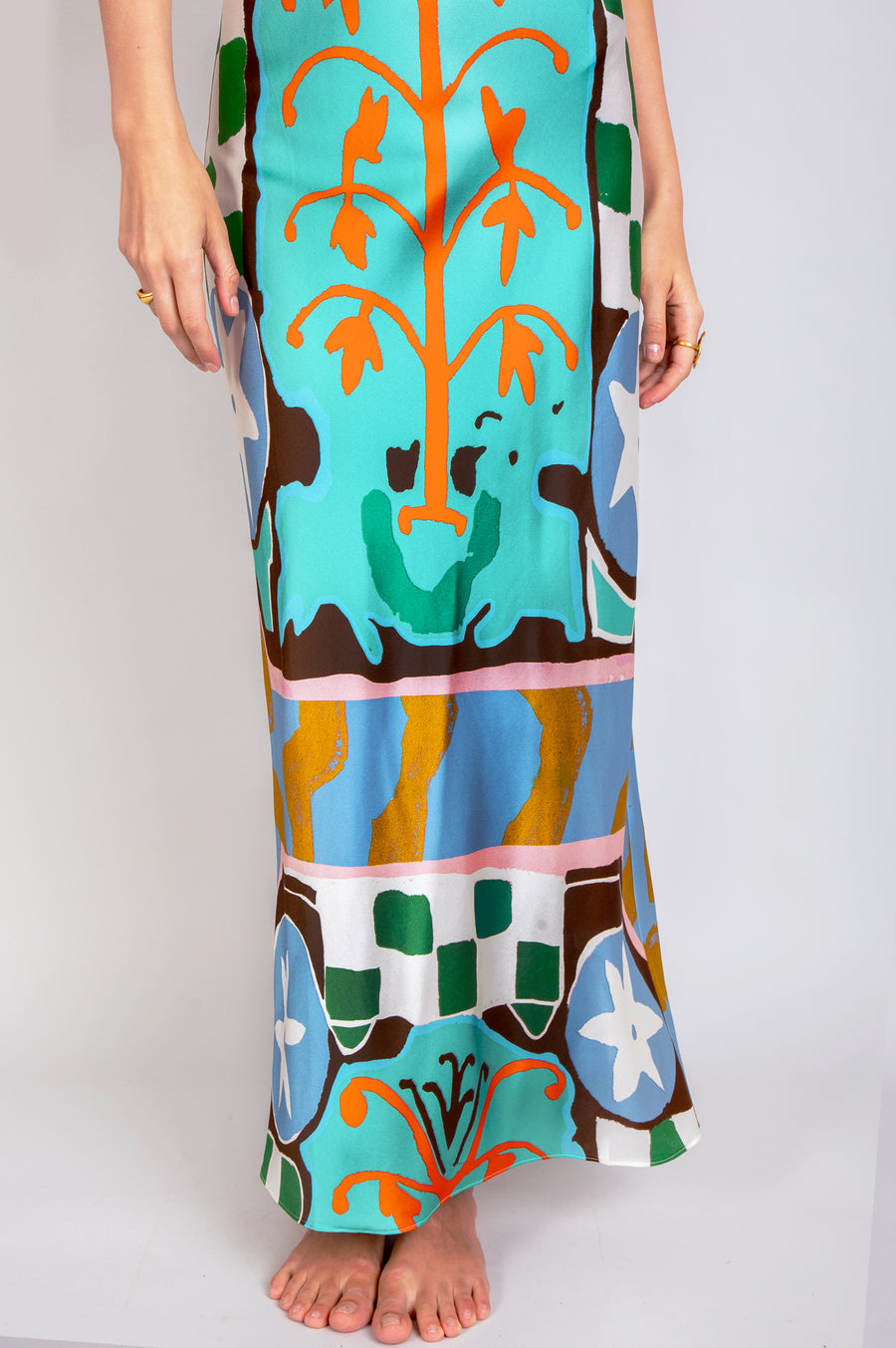 hand painted kantha sunrise placement print silk maxi slip dress