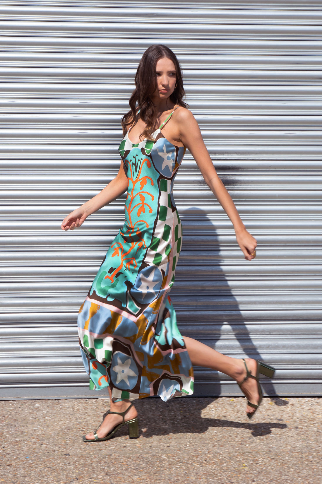 hand painted kantha sunrise placement print silk maxi slip dress