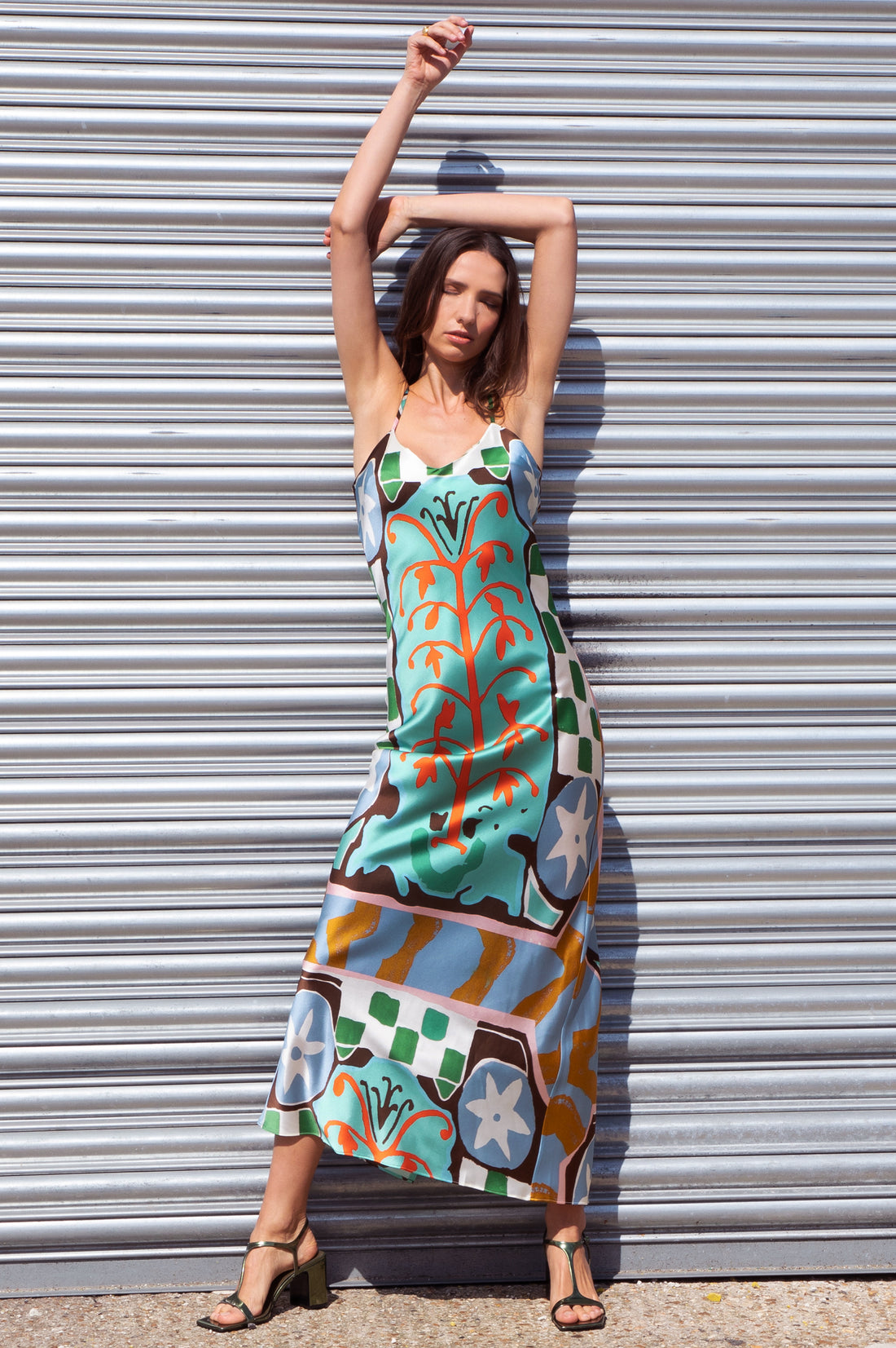 hand painted kantha sunrise placement print silk maxi slip dress