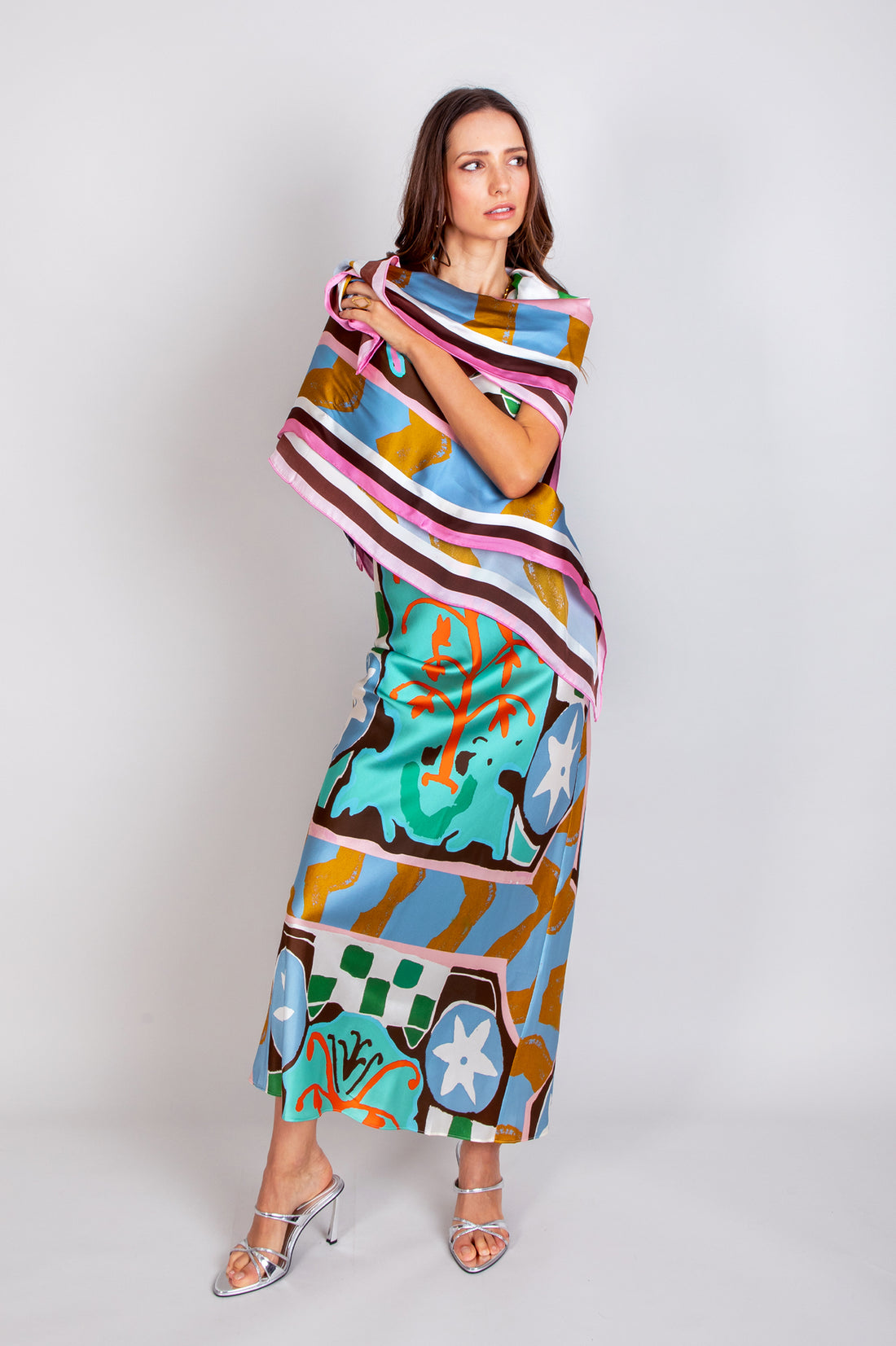 hand painted kantha sunrise placement print silk maxi slip dress