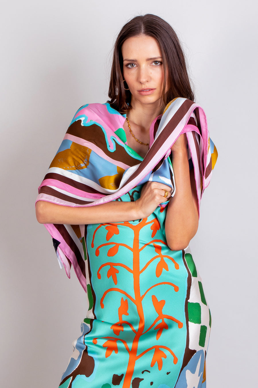 hand painted kantha sunrise placement print silk maxi slip dress