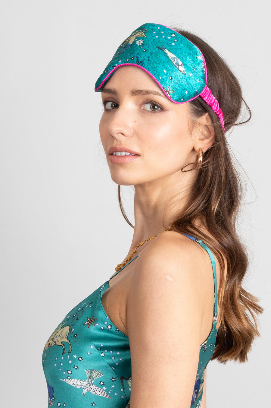 hand painted Persian night sky inspired print with mythical creatures, curious trinkets and gems silk padded sleep eye mask