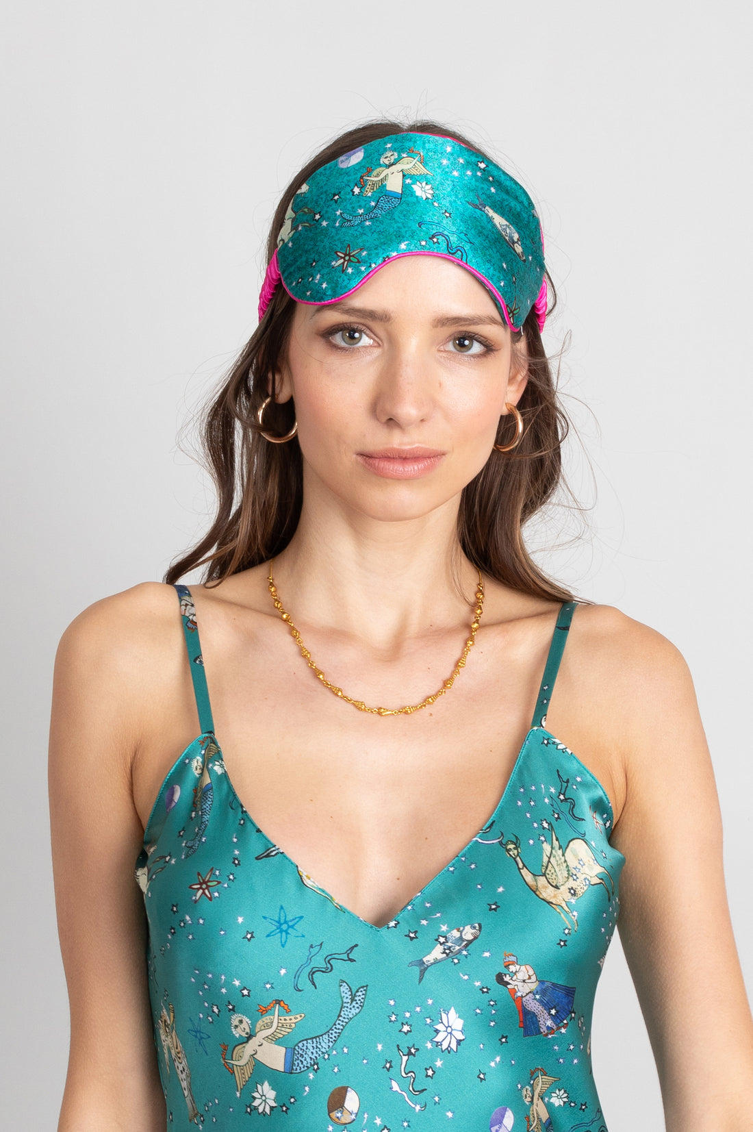 hand painted Persian night sky inspired print with mythical creatures, curious trinkets and gems silk padded sleep eye mask