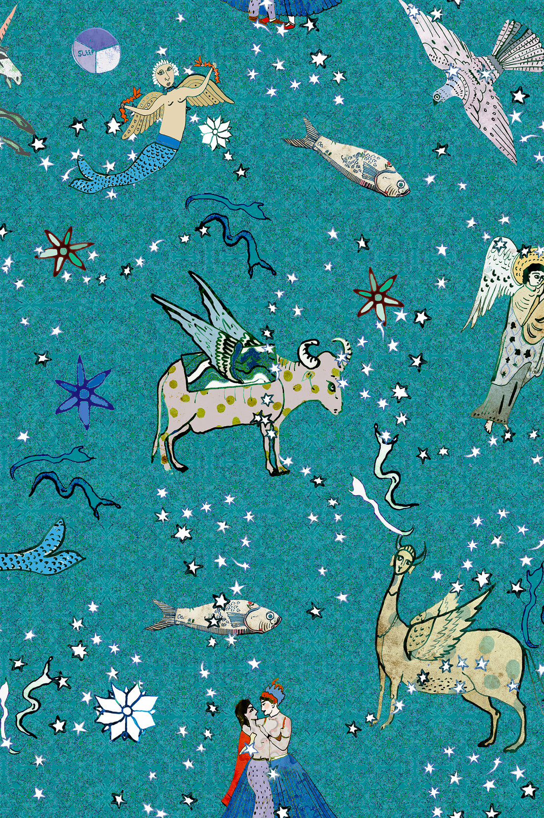 hand painted Persian night sky inspired print with mythical creatures, curious trinkets and gems silk padded sleep eye mask